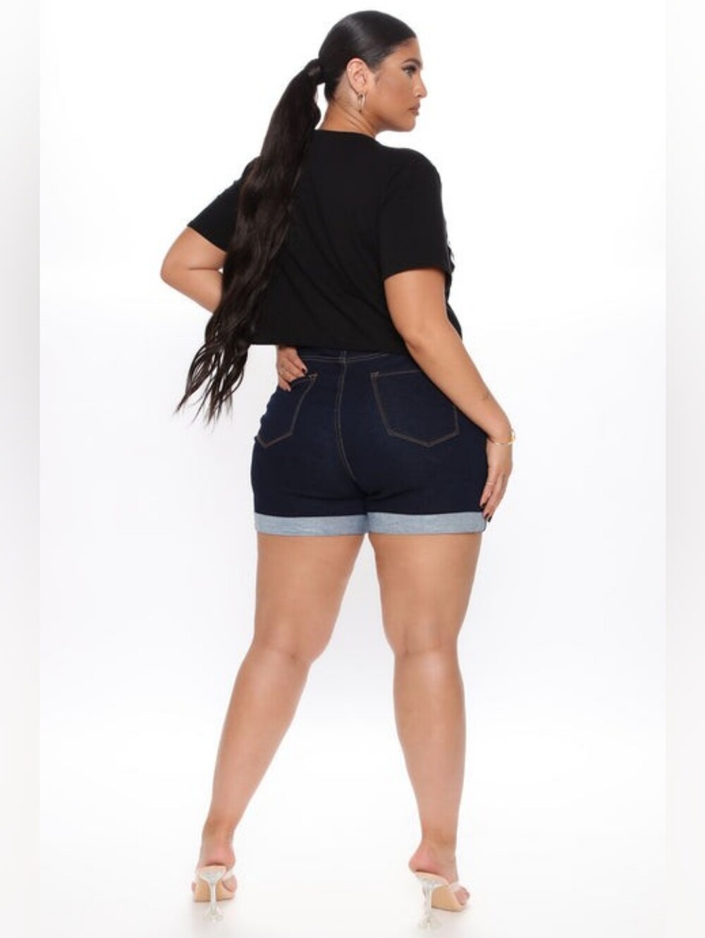 High-Waist Dark Blue Denim Cuffed Women’s Shorts (9) - Picture 10 of 13